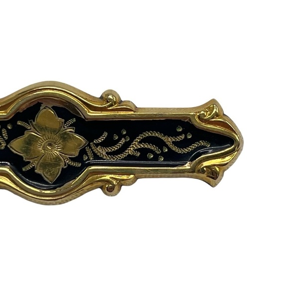 Hayward Victorian Floral Etched Black Gold Filled Bar Brooch Pin Vintage - Picture 3 of 6